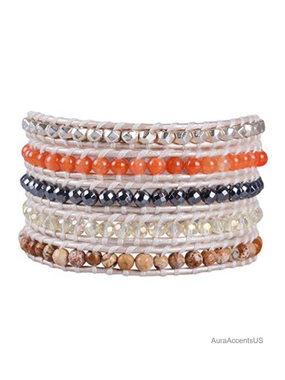 KELITCH Women's Orange Agate Beaded 5 Wrap Bracelet with White Leather and